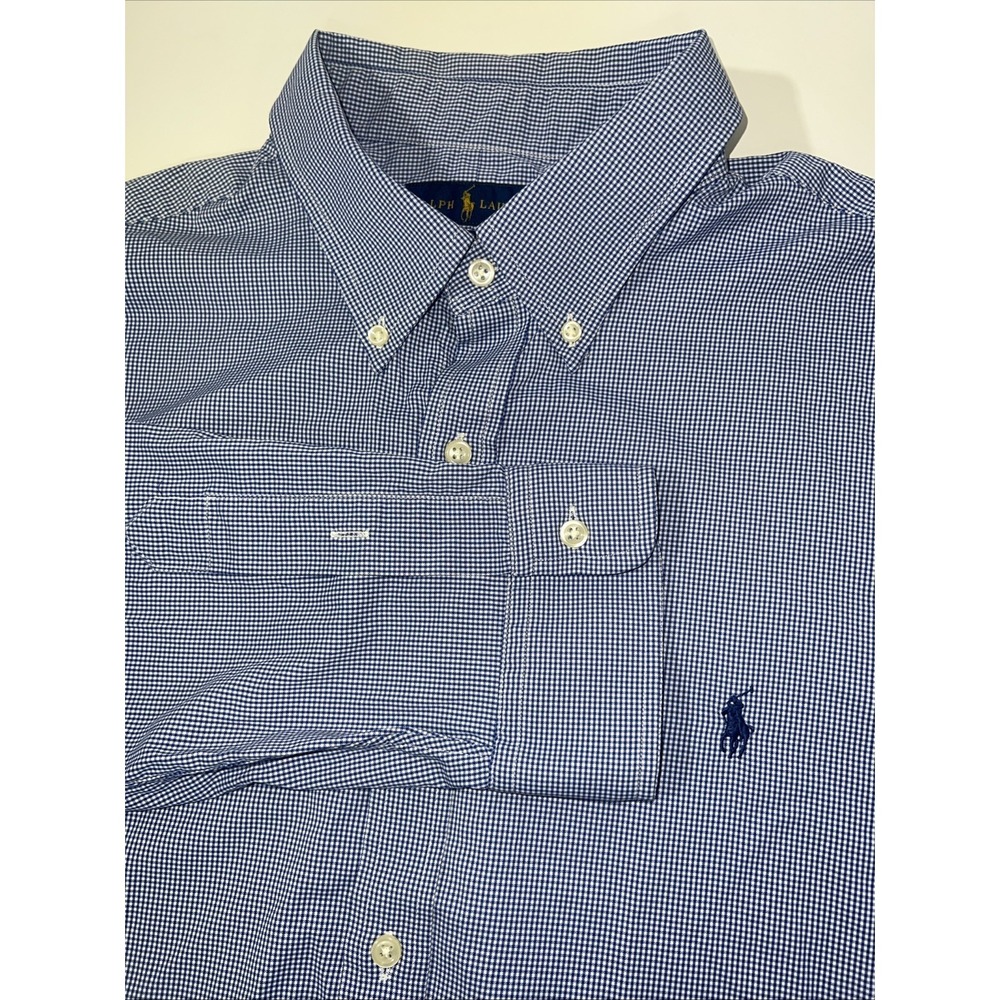 Ralph Lauren Mens XXL Blue Gingham Check Slim Fit Long Sleeve Button Down Shirt